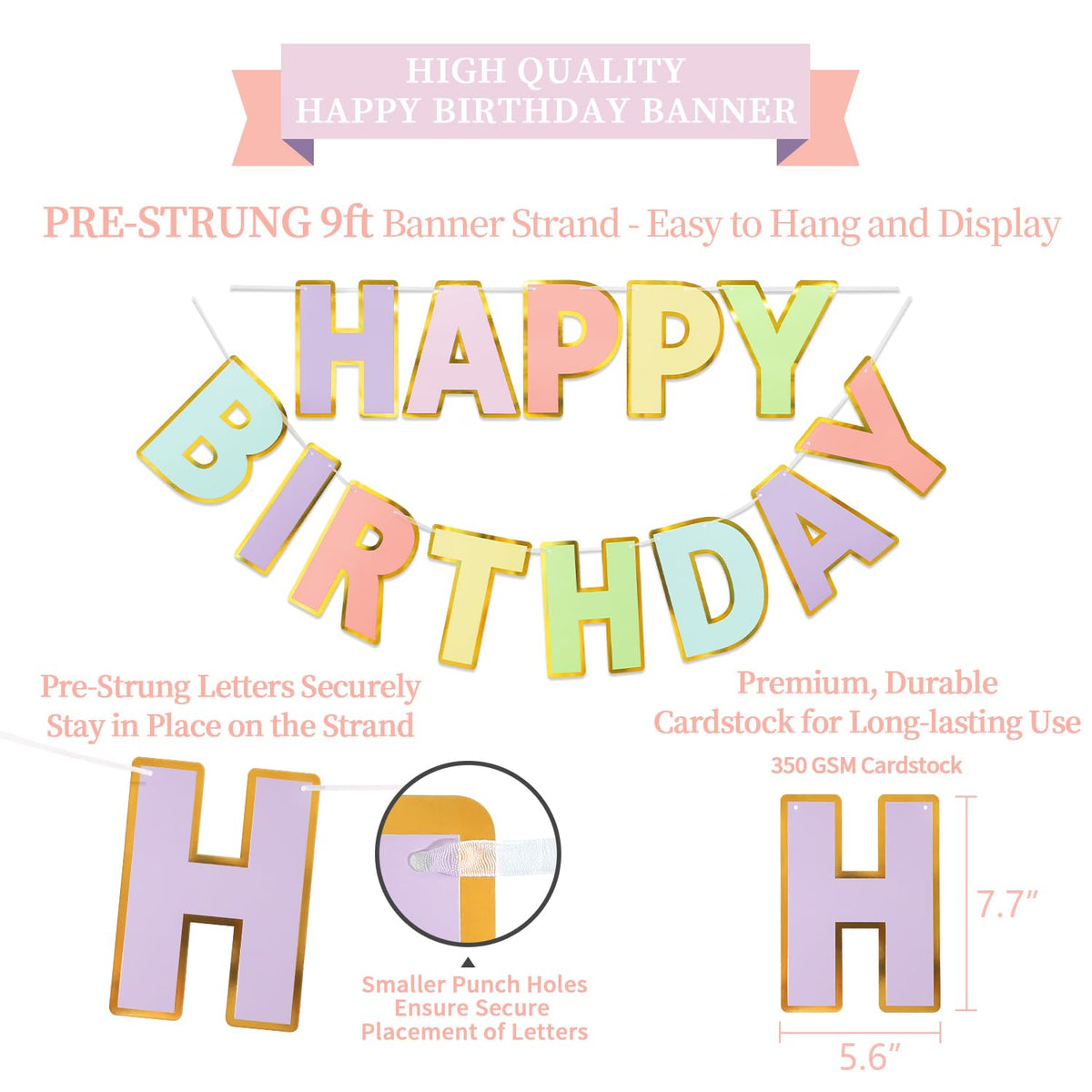 LITAUS Pastel Birthday Decorations Kit - 17-Piece Set with Pre-Strung Happy Birthday Banner, Honeycomb Balls, Garland & Swirls | Macaron Theme Party Supplies for Women Girls Kids, Teens Adults