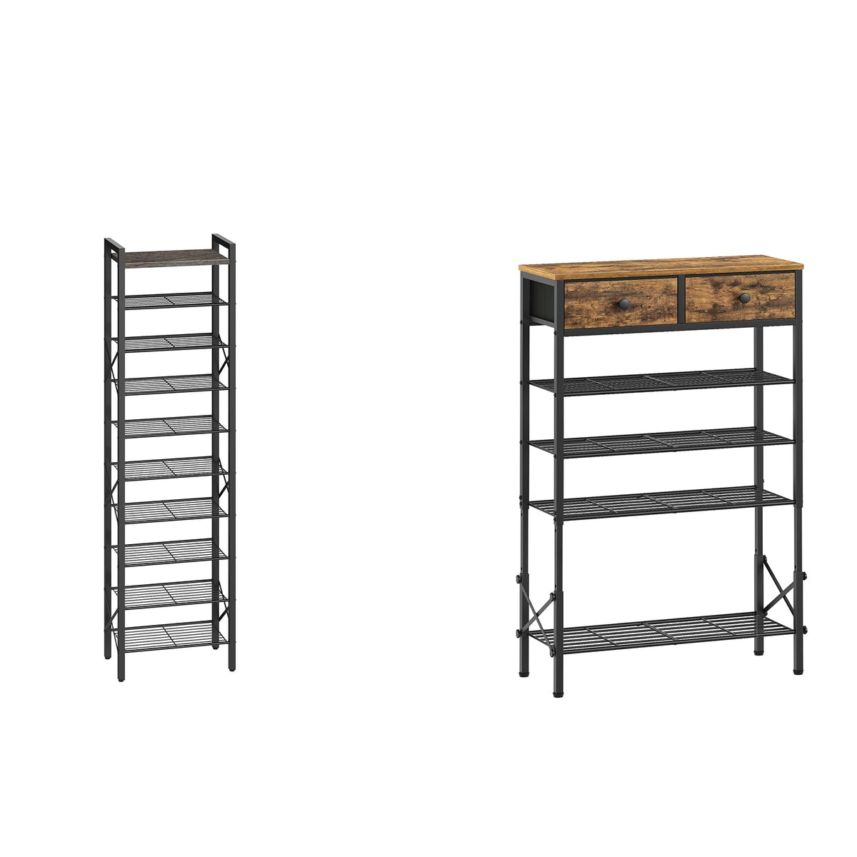 YATINEY 10-Tier Narrow Shoe Rack, Tall Shoe Rack for 10-20 Pairs, Shoe Storage Shelf with 2 Non-Woven Drawers, SS68BC-SS11BR