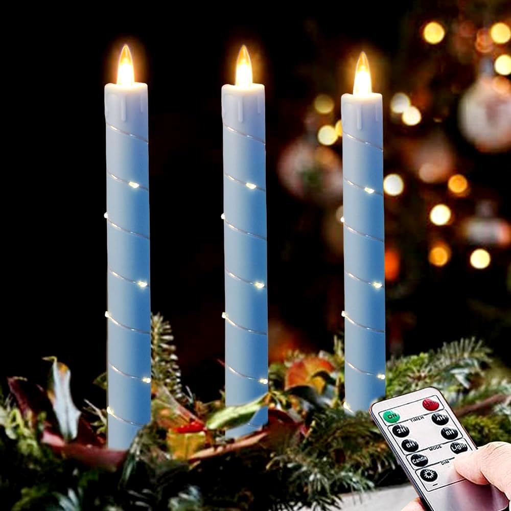 Flameless Cone Candle with Built-in Star String Light, 11 Button Remote Control, Timer, Battery Powered, Analog Flame, 3 Pack of Window Candles, Christmas Home & Wedding Decoration (Sky Blue)