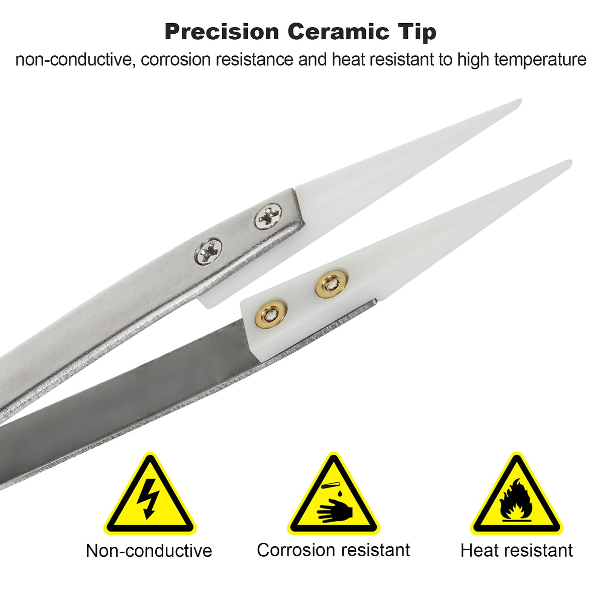 6 Pcs Precision Ceramic Reverse Solder Tweezers, Non-Conductive, Anti-Magnetic Pointed & Curved Tips Tweezers Set, Cross Lock Fiber Grip Soldering Tool, Heat-resistant Electronics Tweezers