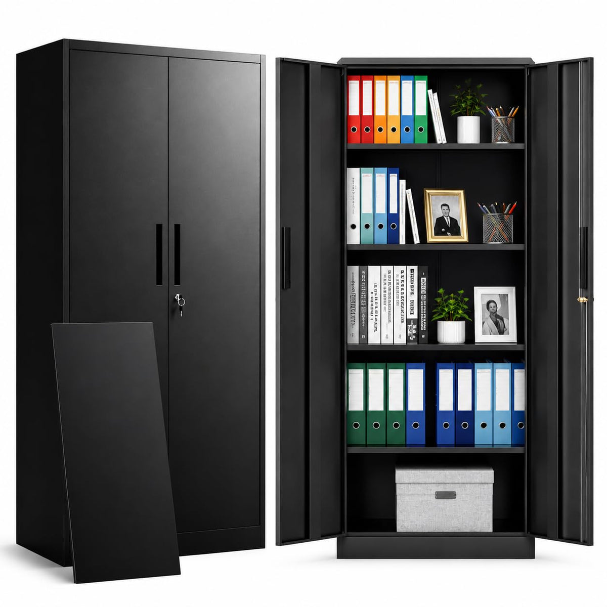 SAWJEC Metal Garage Storage Cabinet with Lock, 71" Tall Heavy Duty Cabinet for Garage Workshop Home Office, Steel Locking Storage with 4 Adjustable Shelves, Black, 15.7" D x 31.5" W x 70.9" H