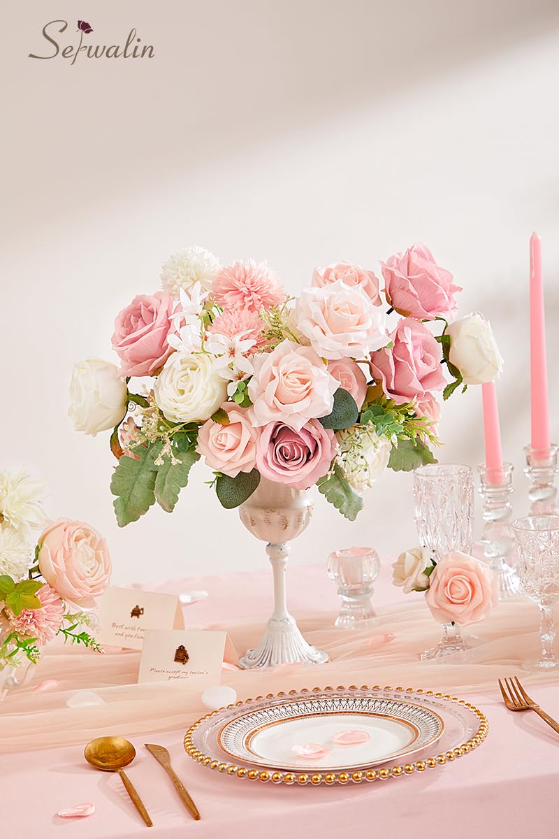 Serwalin Artificial Flowers Fake Silk Flowers for DIY Wedding Bouquets Cake Decoration Mixed Roses Combo Blush Pink and White Flower Centerpieces Arrangements for Party Table Chair Decor