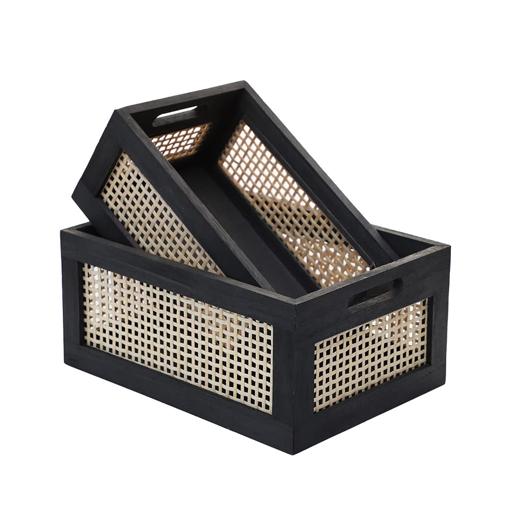 HODAKJUE Wood Baskets, Rattan Storage Baskets for Organizing, Black, Set of 2