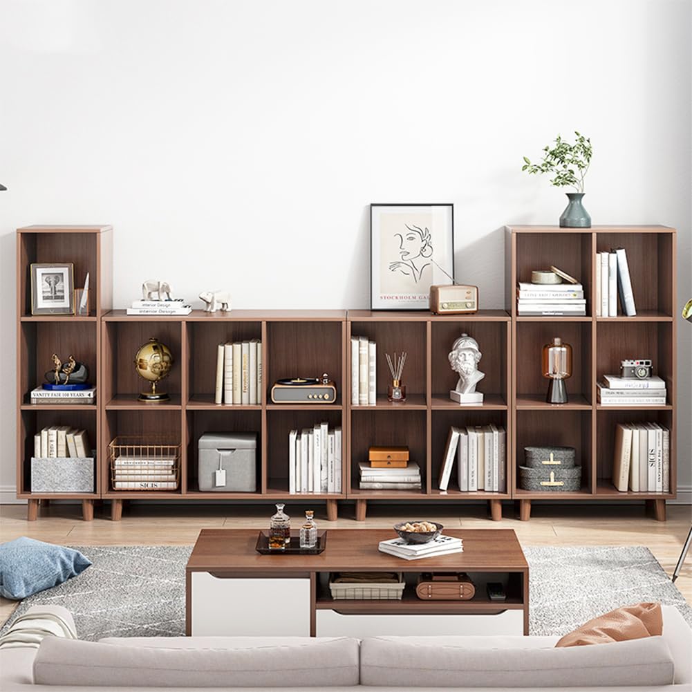 IOTXY Open Cube Low Bookcase - 3-Tier Freestanding Storage Display Cabinet Organizer with Legs for Home Office, 11-Cubes Open Shelf Short Bookshelf, Walnut