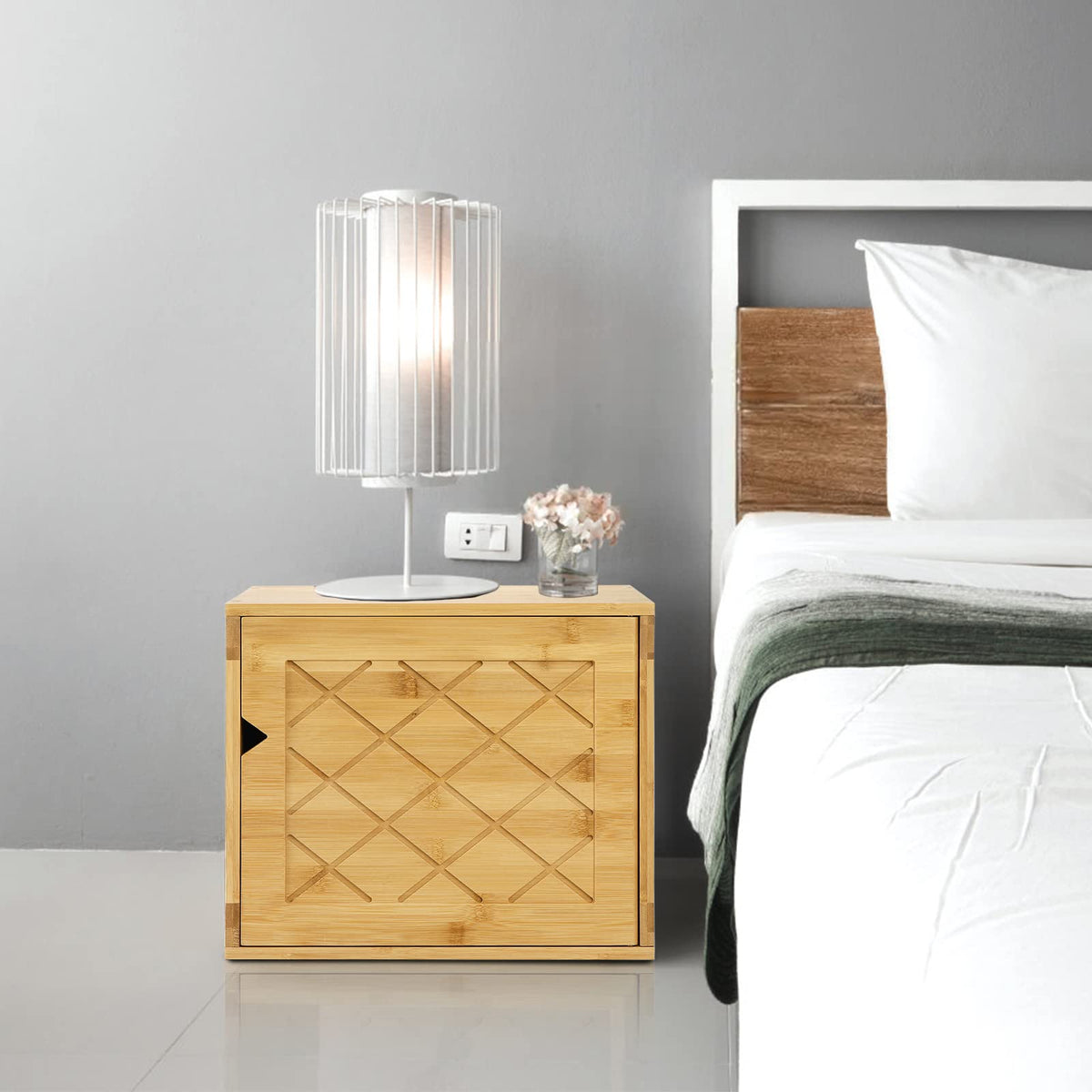 Fasmov Cube Storage Organizer, Bamboo Cube Bookshelf, Stackable Connect Storage Cube Cubby Organizer with Door, Stackable Cubes Bin for Bedroom, Home and Office