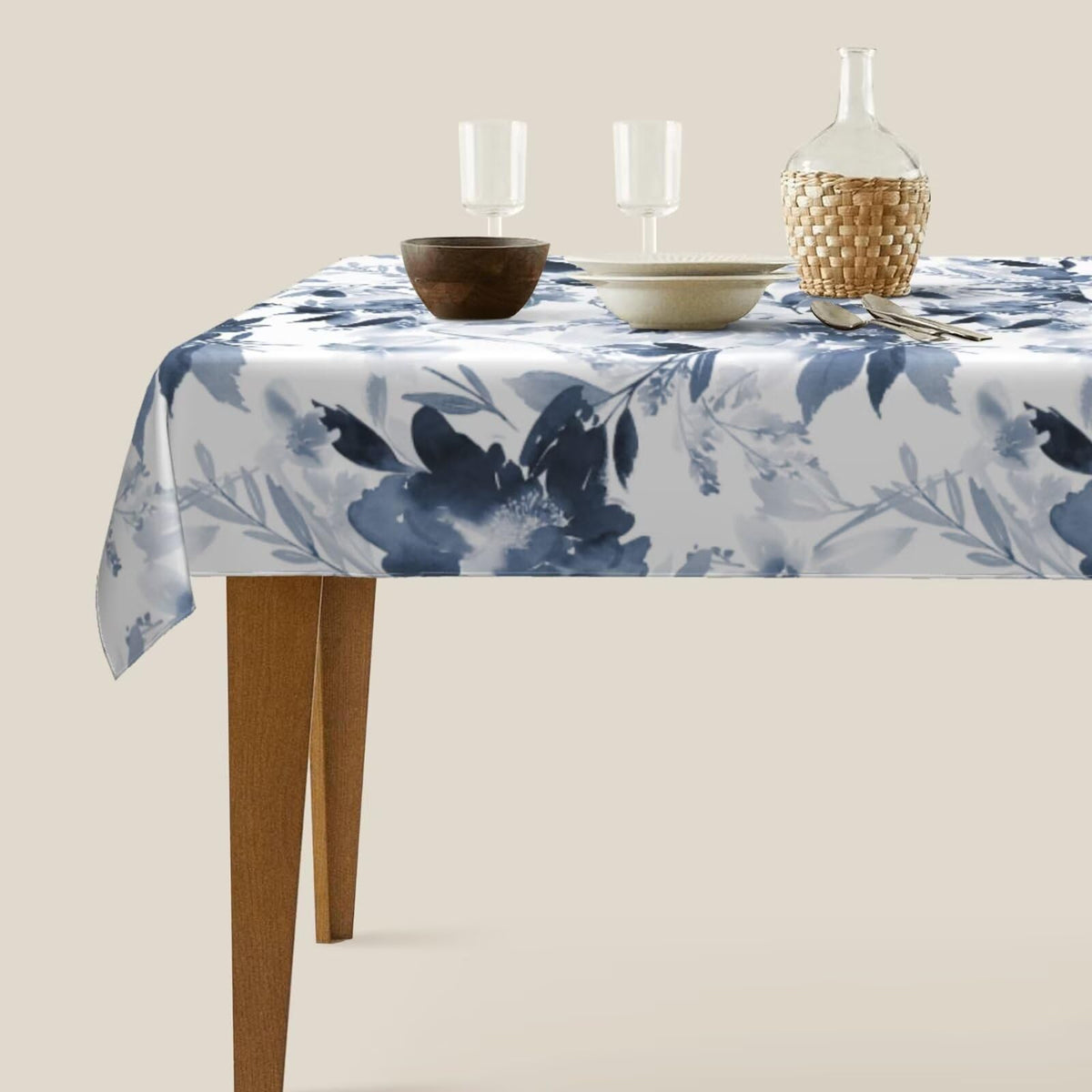 Sunshineyan Navy Blue Floral Tablecloth 60 x 104 Inch Rectangle, Dark Blue and White Flower Tablecloths Tablecloths Polyester Spring Table Cloth for Holiday Parties Kitchen Dining Indoor Outdoor