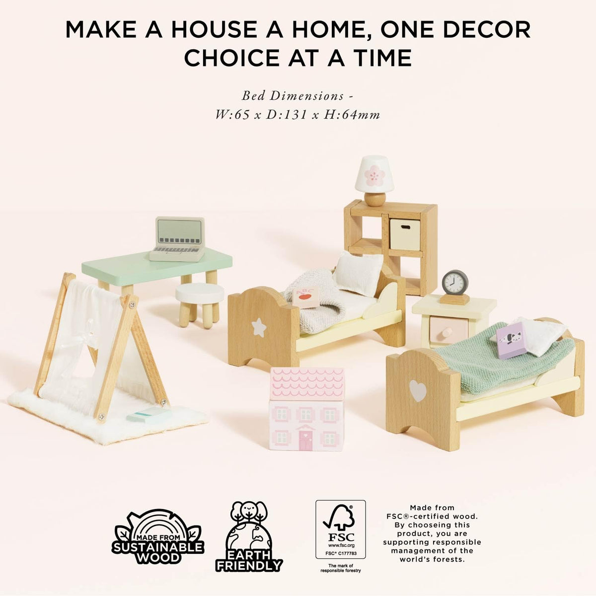 Le Toy Van - SugarPlum Wooden Bedroom Set | Dolls House Accessories Play Set For Dolls Houses | Girls and Boys Doll House Furniture Sets - Suitable For Ages 3+, Daisylane Child Bedroom (ME061)