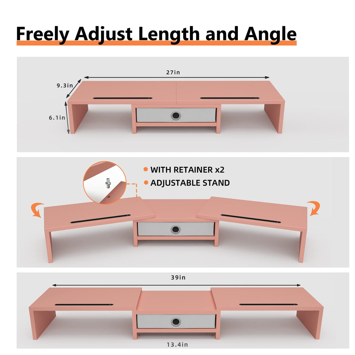 WESTREE Dual 3 Shelf Computer Riser with Drawer, Adjustable Length and Angle, Desktop 2 Monitor Stand Storage Organizer