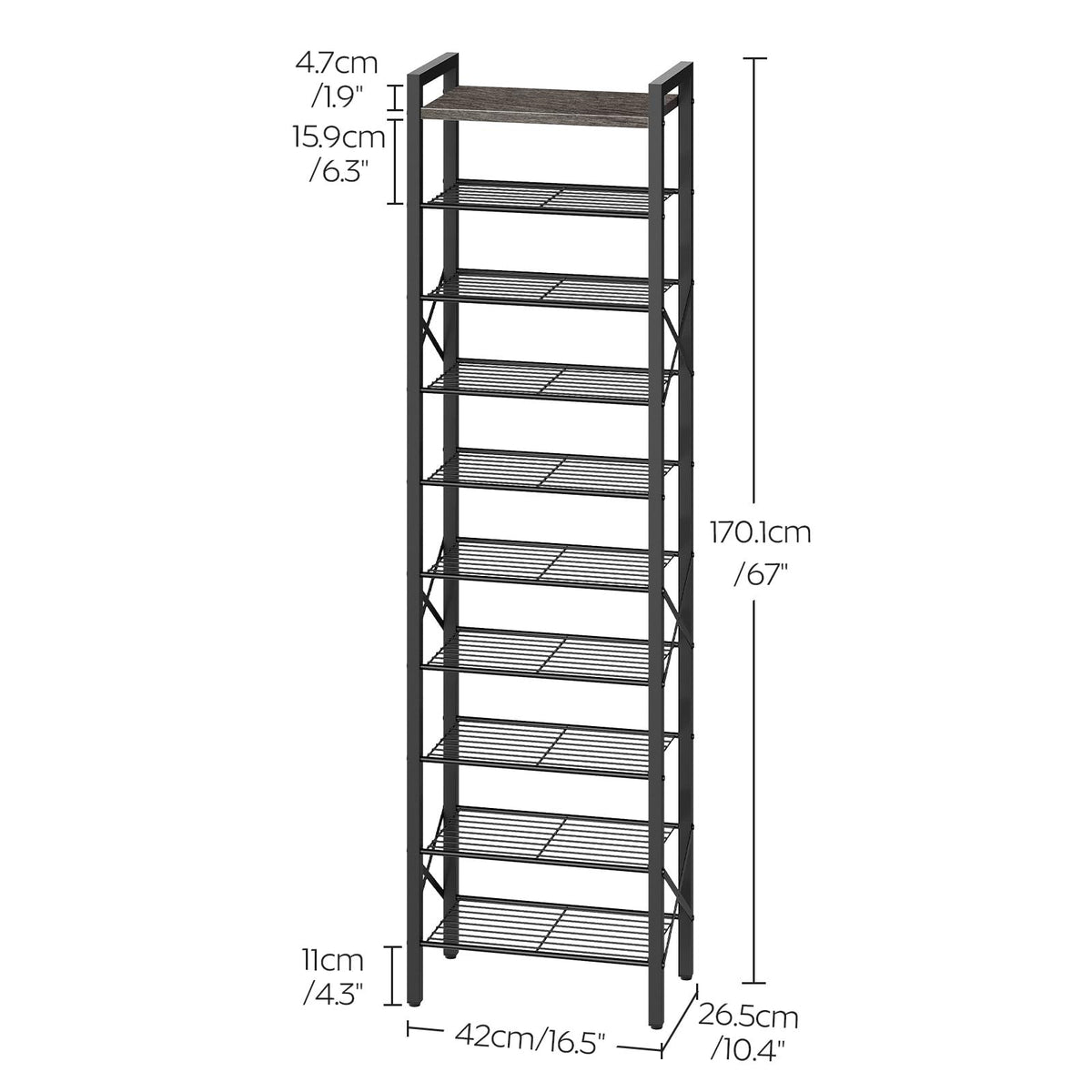 YATINEY 10-Tier Narrow Shoe Rack, Tall Shoe Rack for 10-20 Pairs, Shoe Storage Shelf with 2 Non-Woven Drawers, SS68BC-SS11BR