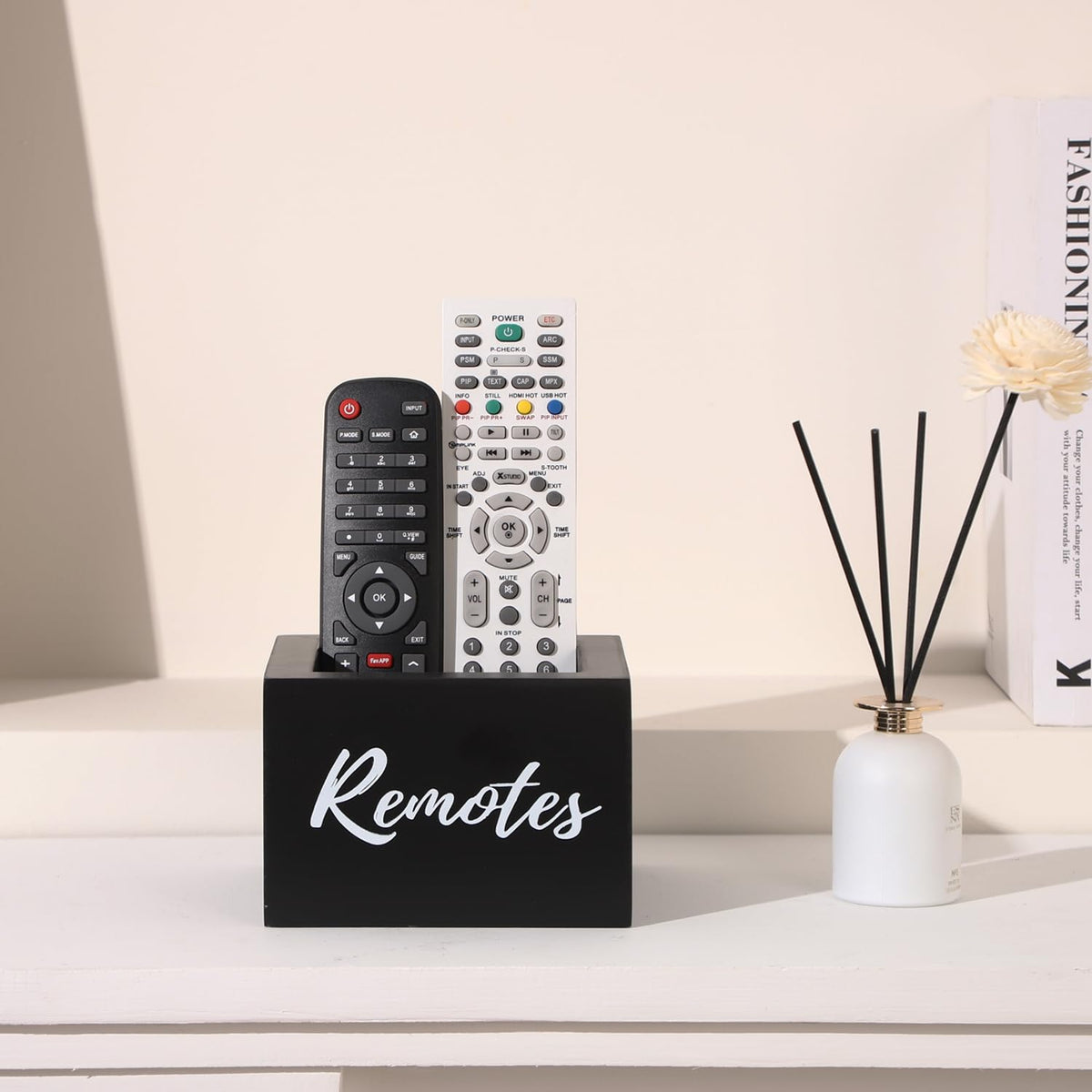 COOLEX Remote Control Holder, Wooden Tv Remote Holder, Remote Holder for Table, Remote Control Storage Organizer Caddy - Black