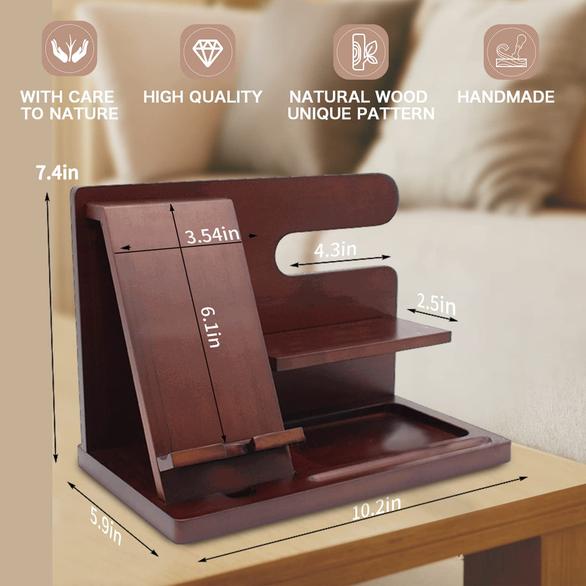 OUTXE Wood Phone Docking Station, Men Gifts Nightstand Organizer for Phone, Keys, Wallet, Glasses, Gifts for Dad's Birthday, Christmas, Father's Day, Anniversary