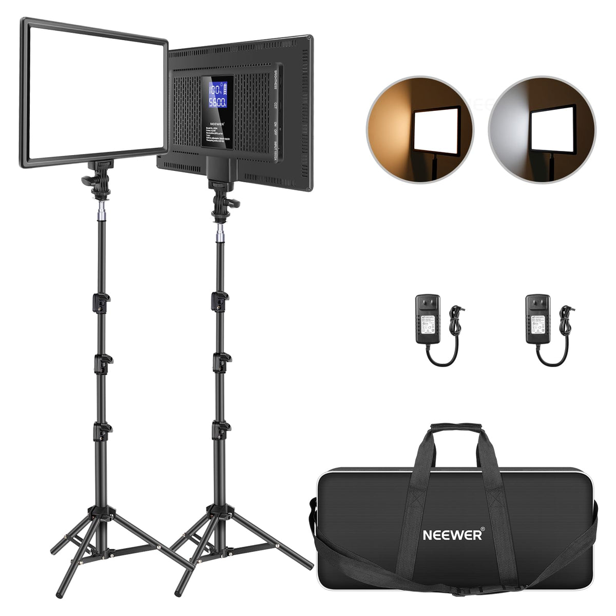 NEEWER 13" LED Video Light Panel Kit, 2 Pack Bi Color Dimmable with Tripod Stand, 4000mAh Battery, 3200K-5600K CRI97+, USB, for Studio/Streaming/YouTube, Black, NL-192AI