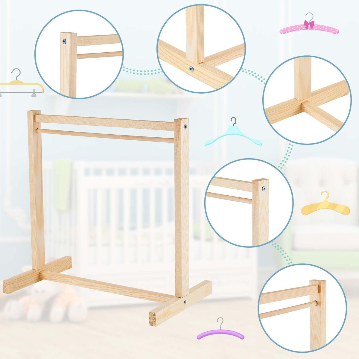 Civaner 11 Pcs Doll Garment Rack with Wooden Clothes Hanger for 18 Inch Girl Doll Clothes Mini Hangers Wardrobe Furniture Accessories for Dollhouse Baby Shower Supplies (Wood)
