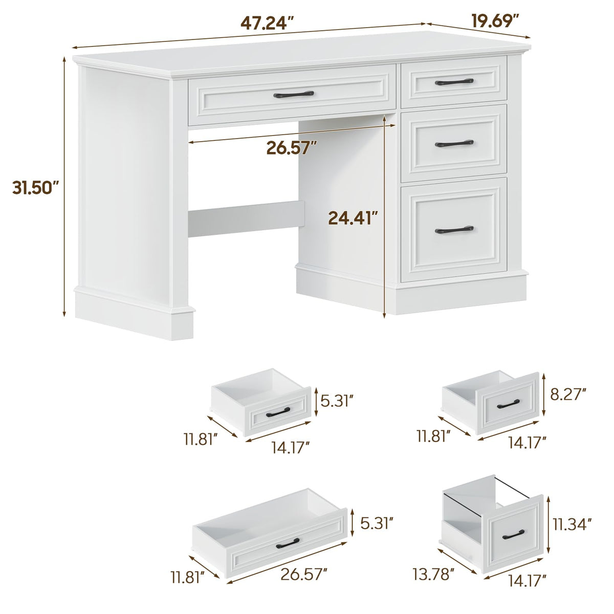 Halitaa Farmhouse 47" Executive Desk with File Drawer, Computer Desk with 4 Drawers, Workstation for Writing, Study, Home Office, Cream White.