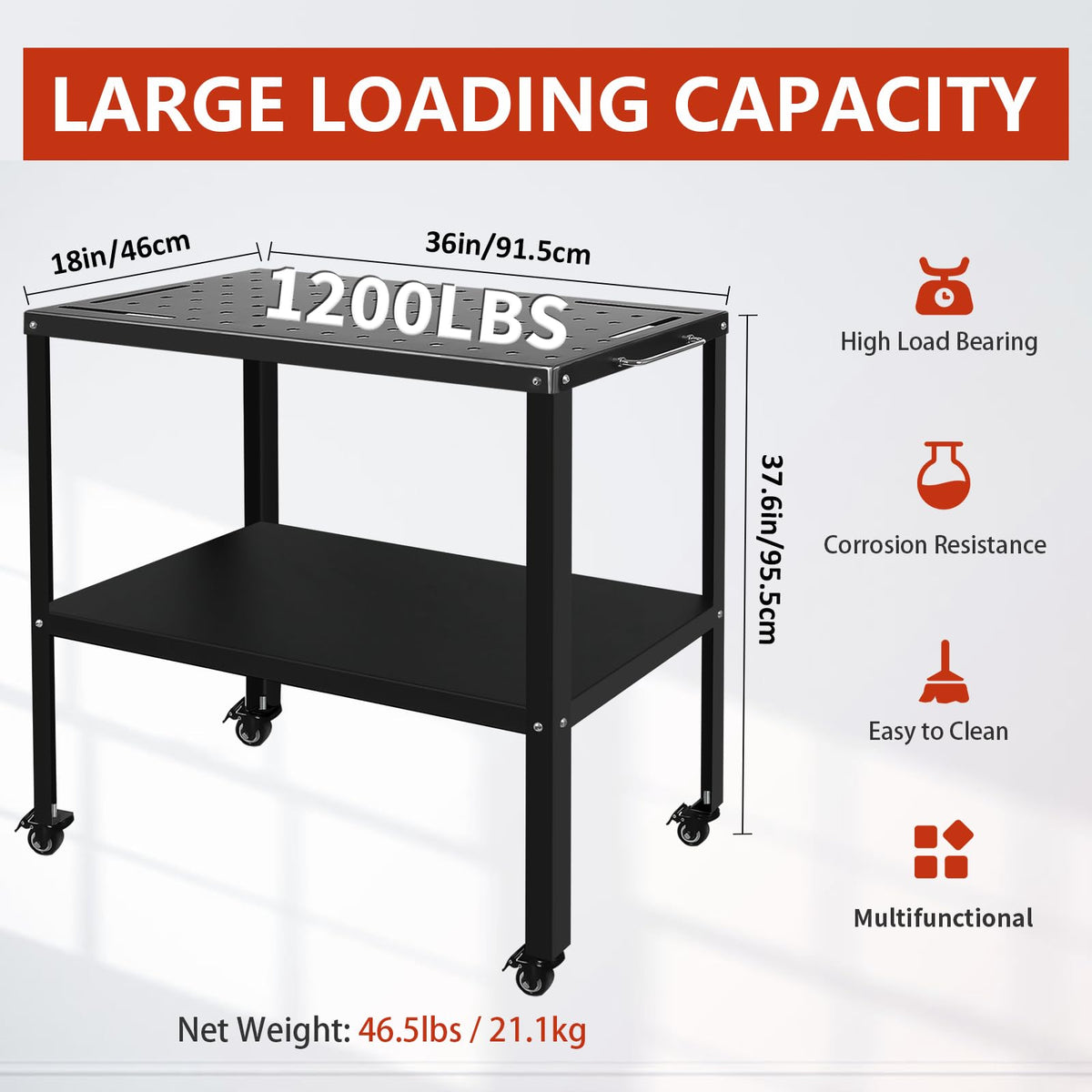 Welding Table Welding Cart 36”×18”, 1200lbs Load Capacity Industrial Workbench with 5/8" Holes Fixture Table with Wheels