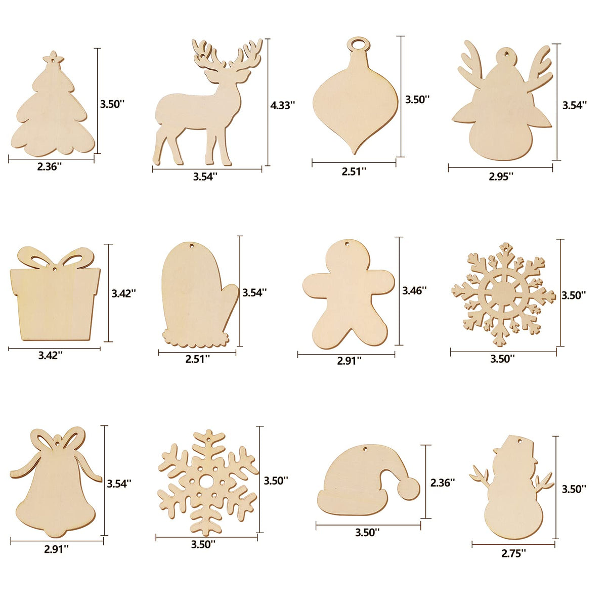 Max Fun 60Pcs Christmas Wooden Ornaments Unfinished Predrilled Wood Slices Circles for Crafts Xmas Holiday Hanging Decoration in 12 Shapes