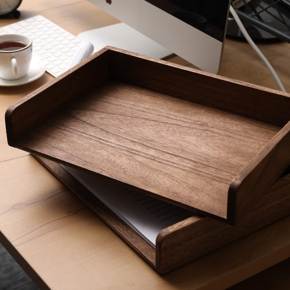 DDYURI Desktop File Trays Stackable Paper Tray for Letter/A4 Size Magazine - Wood Office Document Organizer Shelf - Wooden Folder Organization Rack Desk Tray Pack of 2 Dark(2CTP-DK)