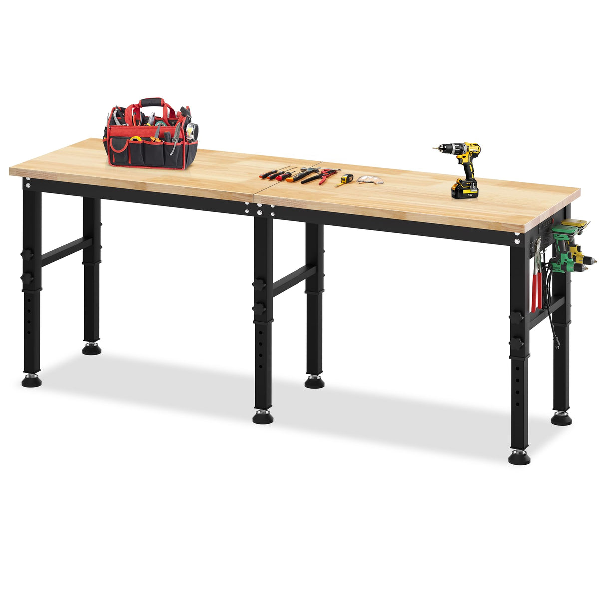 96'' Adjustable Workbench, 2500 LBS Load Capacity Heavy Duty Workstation with Power Outlets, Rubber Wood Top Worktable for Garage, Office,Workshop, Commercial