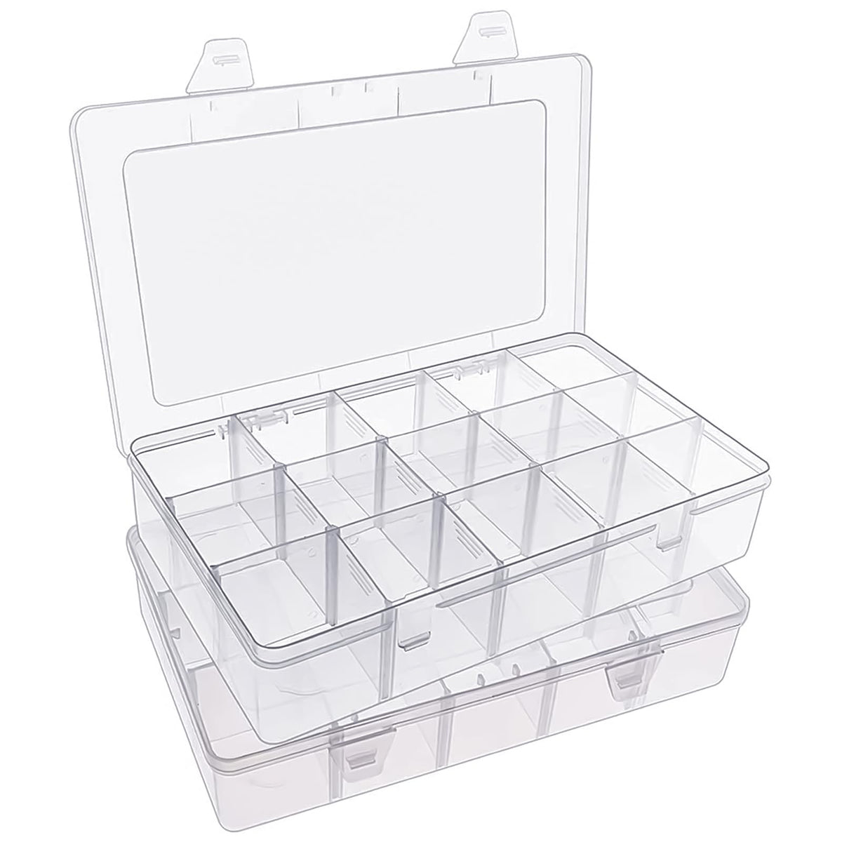 SGHUO 2 Pack 15 Girds Bead Organizer, Large Clear Plastic Organizer Box with Adjustable Dividers for Beads, Art DIY, Crafts, Jewelry, Fishing Tackle with Label Stickers
