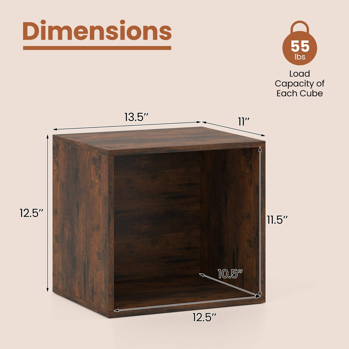 Giantex 4-Cube Bookcase, Stackable Cube Storage Organizer w/Open Bookshelf, Wooden Display Shelving Unit for Small Space, DIY Modular Cubby Storage System for Home, Study, Rustic Brown