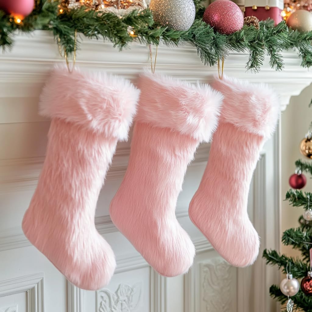 AOGU 3 Pack 19 Inch Pink Christmas Stockings Faux Fur Xmas Christmas Stockings Hanging Ornaments Candy Gift Bags for Christmas Decorations