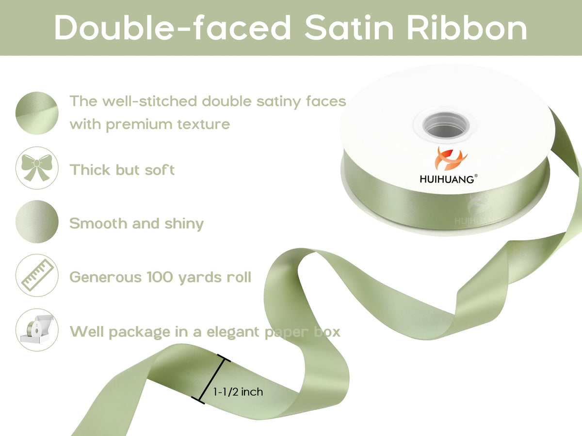 HUIHUANG Sage Green Satin Ribbon 1-1/2 inch x 100 Yards Green Double-Faced Satin Ribbon for Flower Bouquet, Gift Wrapping, Eternal Roses, DIY Crafts, Bridal Shower Wedding Decor