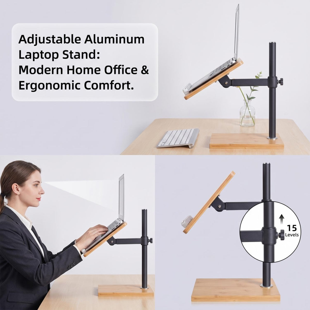Coslony Adjustable Laptop Stand with Wood Platform and Sturdy Base, Height Adjustable Desk Mount for Laptops (Large)