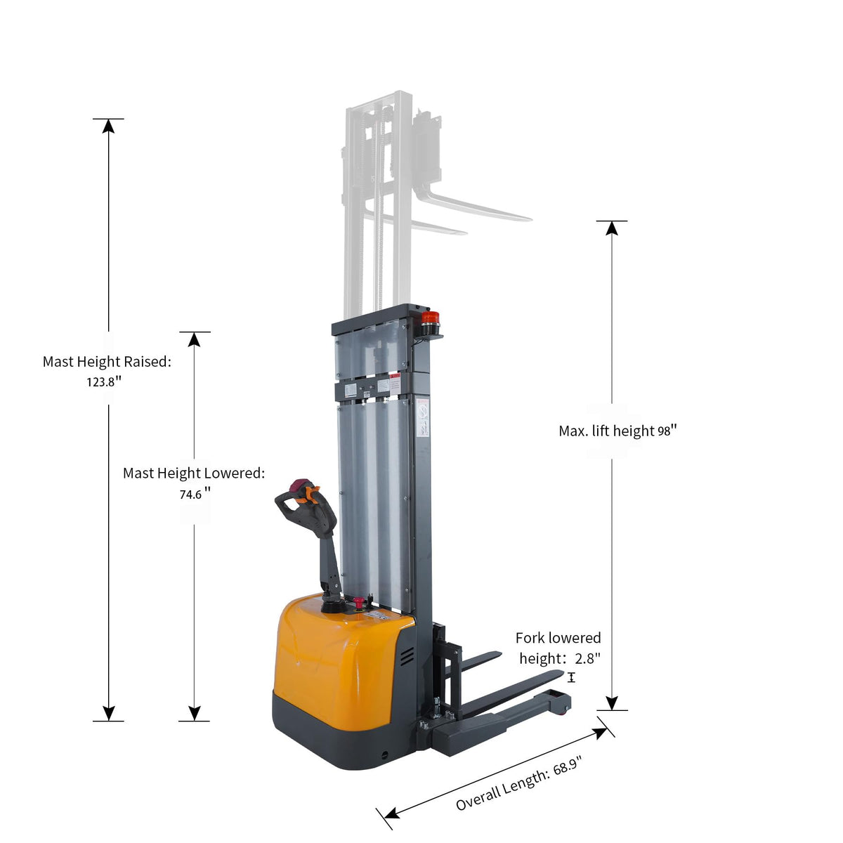 APOLLO Full Electric Stacker Powered Straddle Forklift 3300 lbs Capacity 98'' Lifting Height with Adjustable Forks and Legs Material Lifter