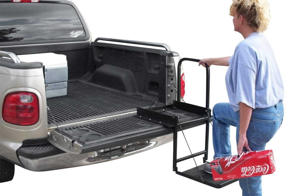 Great Day Truck N' Buddy Folding Tailgate Step/Seat Platform for Work Flatbed Trucks and Equipment Trailers - 300 lbs Weight Capacity - Black Powder-Coated Finish, TNB2000B