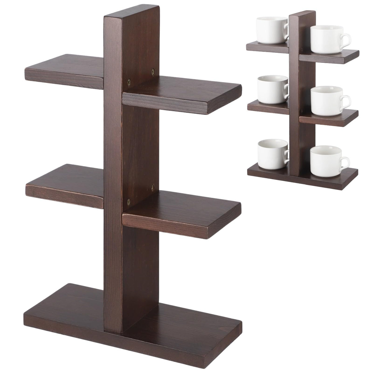 OMISTAR 3 Tiered Wooden Coffee Cup Holder, Kitchen Counter 6 Mug Wood Coffee Mug Organizer Stand with Non-Slip Foam Pads, Vertical Cup Storage Rack for Coffee Bar Countertop