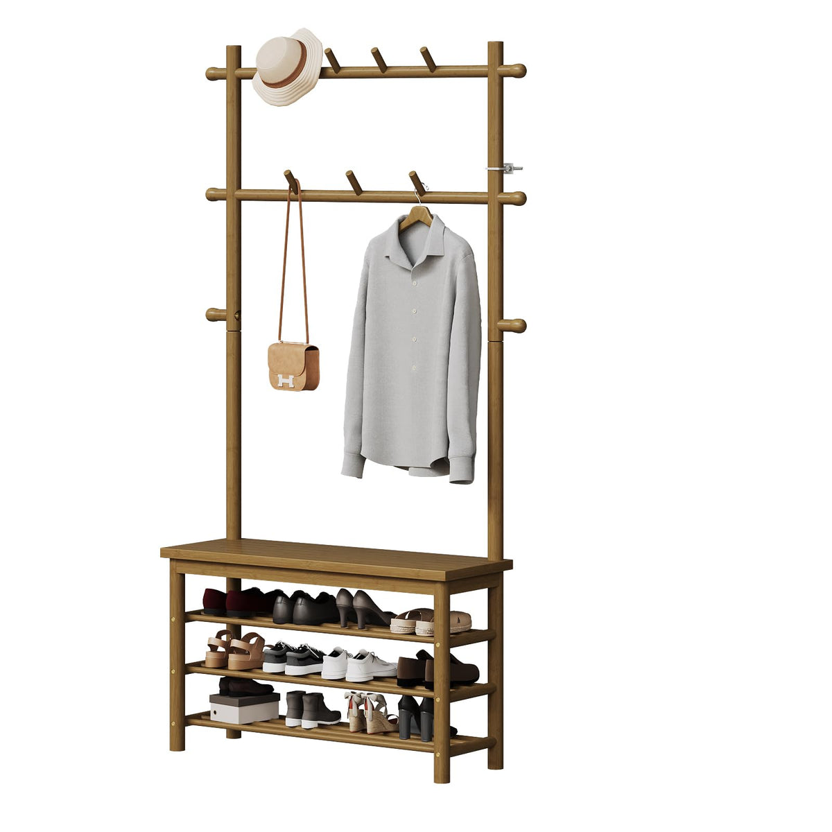 Welfuturer Bamboo Hall Tree with 13 Hook, 6-in-1 Entryway Bench with Coat Rack Freestanding, Coat Rack with Shoe Storage Bench Organizer for Mudroom, Bedroom, All-in-One Shoe Rack,Walnut
