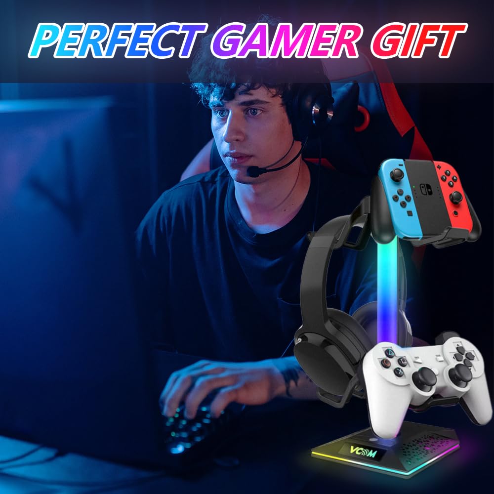 V VCOM RGB Gaming Headphones Stand with 2 USB Ports Headset Stand with 10 Light Modes and Non-Slip Rubber, Suitable for All Earphone Accessories, Best Gift for Husband, Kids, Boyfriend