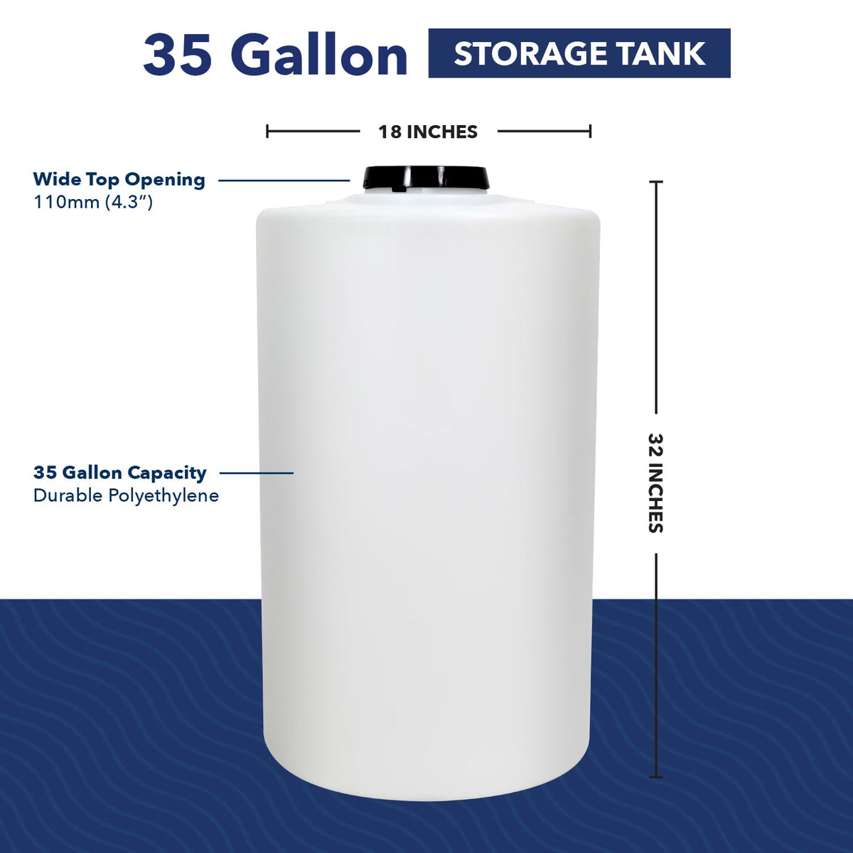 US Water Systems White 35 Gallon Water Tank – Heavy-Duty Polyethylene Container with 110 mm Opening & Locking Lid, Portable Water Storage Tank for Indoor or Outdoor Use, Large Water Reservoir