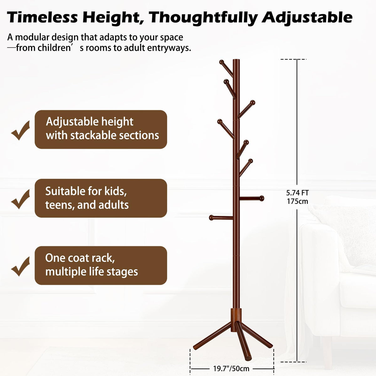 Arborus Wooden Coat Rack Freestanding, Adjustable Height Solid Wood Clothes Stand with 8 Ball-End Hooks, Stable Tripod Base, 5.7FT Floor Coat Tree for Entryway Bedroom Office, Brown
