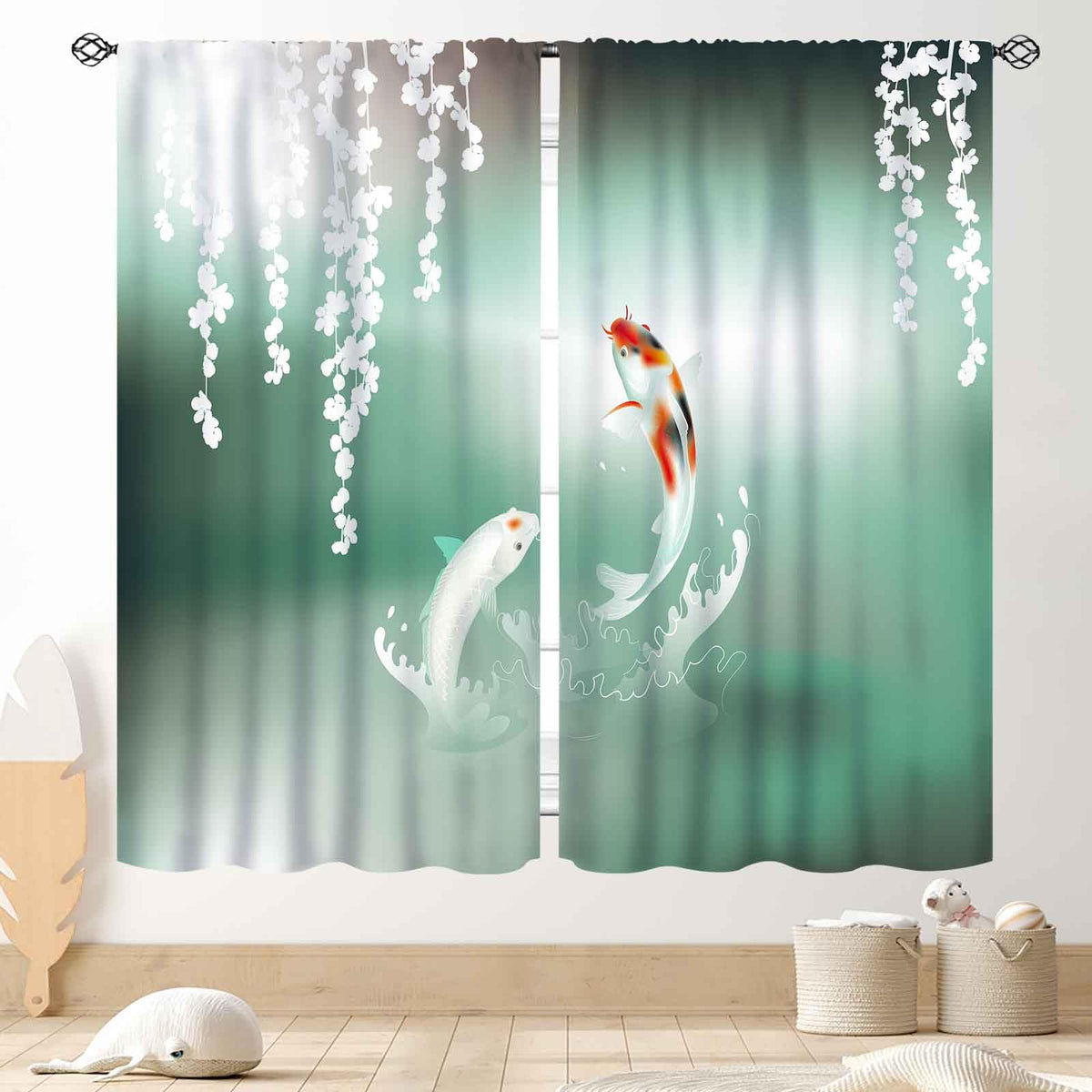 Koi Fish Curtains, Traditional Japanese Koi Carp Fish Printed Oriental Asian Style Retro Green Teal Curtains Drapes Treatmens for Bedroom Living Room Kitchen Bathrooom Windows 2 Panels, 42"x45" Inch