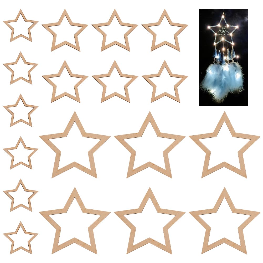 OLYCRAFT 18pcs 3 Size Star Shaped Dream Catcher Frame Wooden Rings Wood Star Hoops Wooden Hoop Rings Circle Nature Wood Hoop Craft Rings for Floral Wreath Wall Hangings DIY Craft Supplies Home Decor