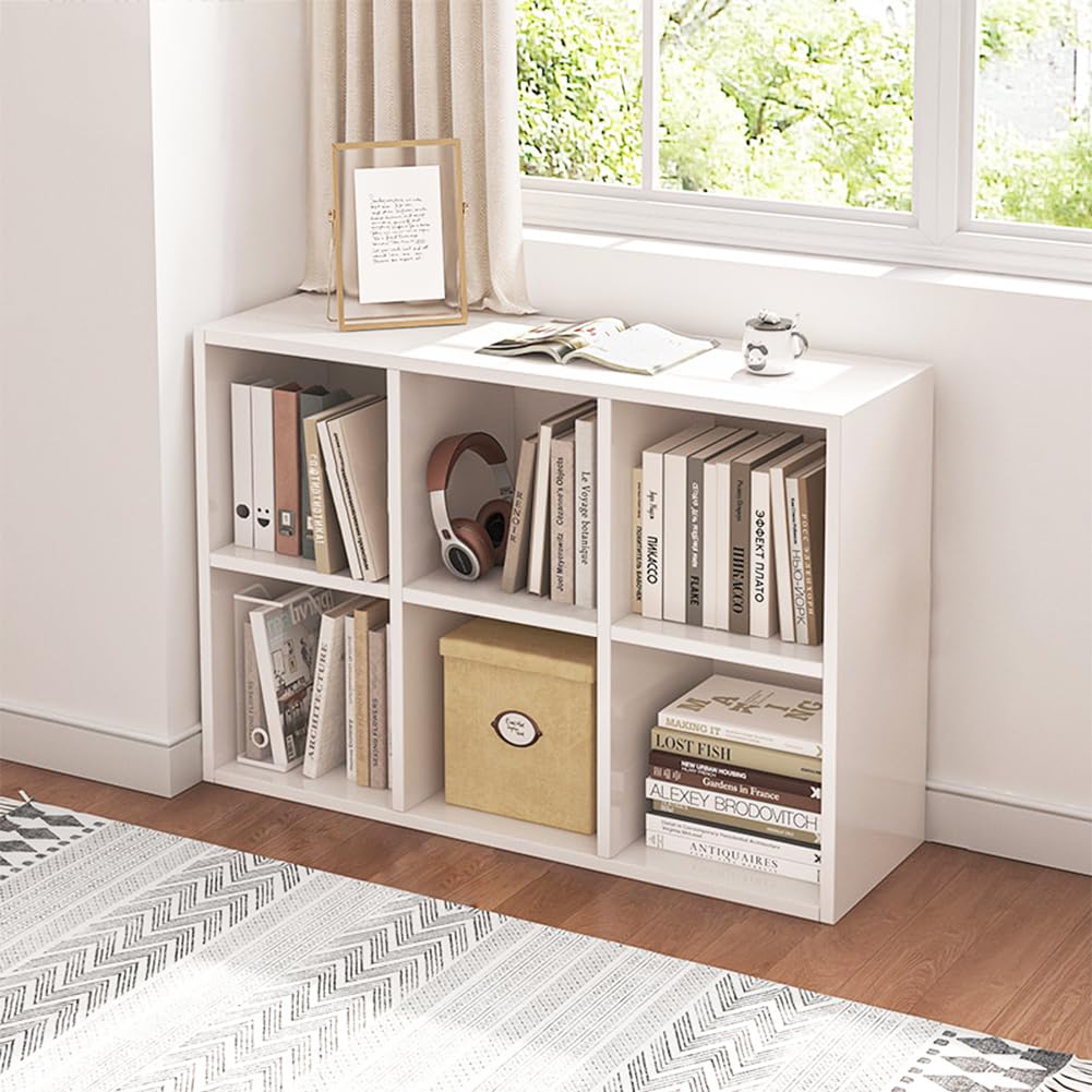 NELYE 6 Cube Organizer Bookcase - Fabric Storage Bins Container, Open Shelf Simple Compartments Bookshelf, White