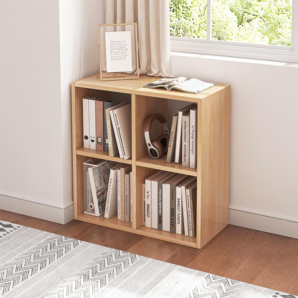 NELYE 4 Cube Organizer Bookcase - Fabric Storage Bins Container, Open Shelf Simple Compartments Bookshelf, Oak