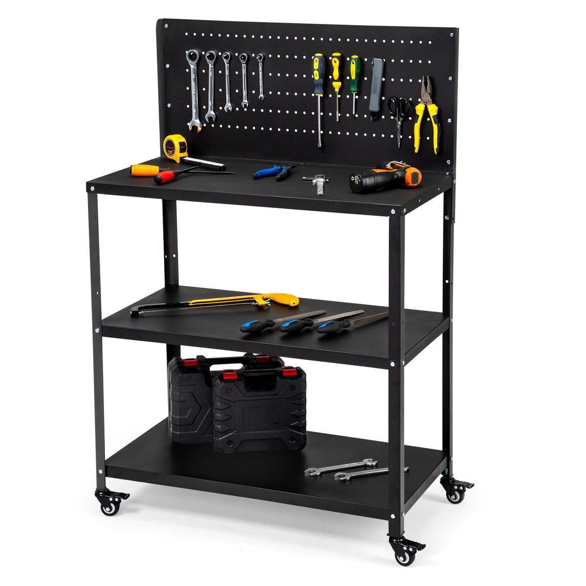 OLBRUS 50.4 X 33.4 Inch Workbench,Heavy Duty 200LBS Steel Work Bench with Pegboard and Lockable Wheels, Rolling Tool Storage Work Table for Garage Workshop Warehouse (50.4" X 33.4")