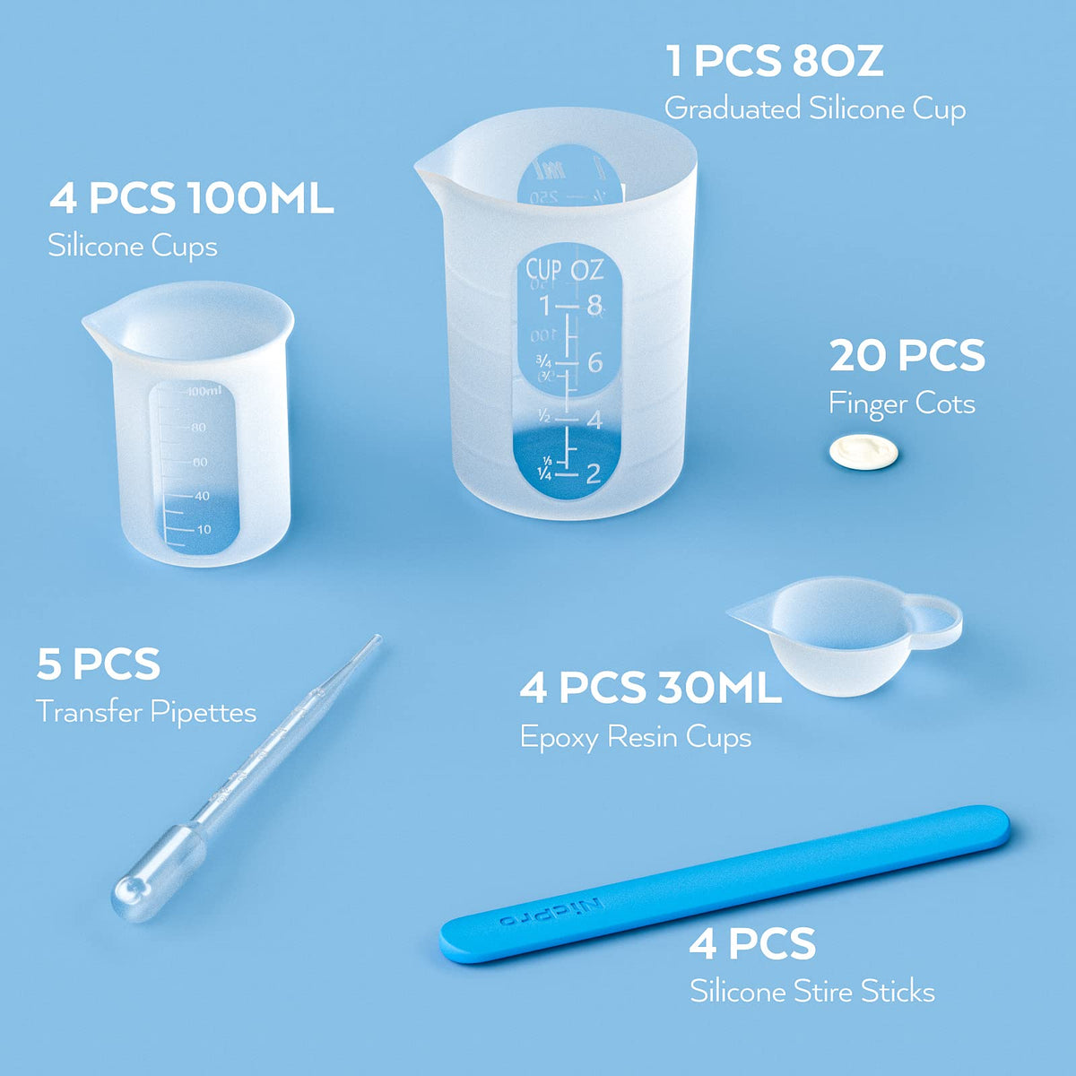 Silicone Resin Measuring Cups Tool Kit- Nicpro 250 & 100 ml Measure Cups, Silicone Popsicle Stir Sticks, Pipettes, Finger Cots for Epoxy Resin Mixing, Molds, Jewelry Making, Waxing, Easy Clean
