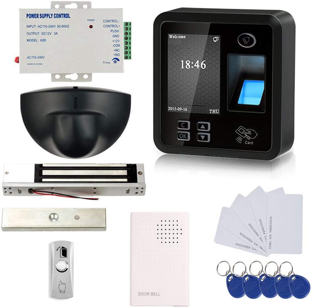 Biometric Fingerprint Security Access Control Systems with 600lbs Magnetic Lock,Exit Motion Sensor,Metal Exit Button with Base,110V-240V Power Supply Unit,Wired Doorbell,RFID Cards & RFID Key Fobs