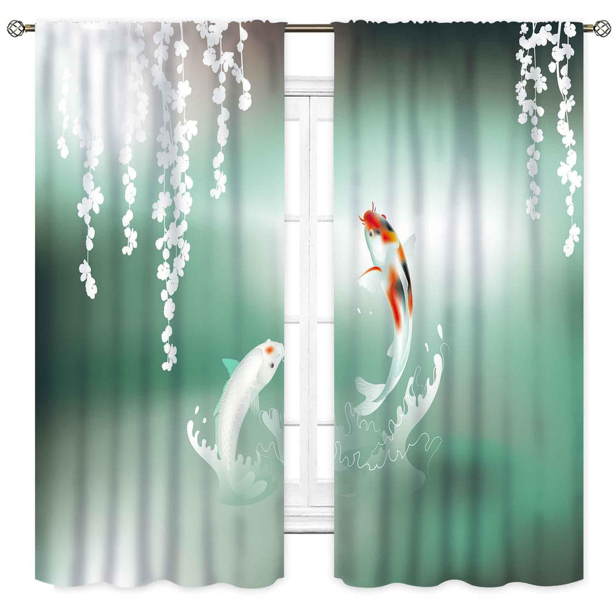 Koi Fish Curtains, Traditional Japanese Koi Carp Fish Printed Oriental Asian Style Retro Green Teal Curtains Drapes Treatmens for Bedroom Living Room Kitchen Bathrooom Windows 2 Panels, 42"x45" Inch