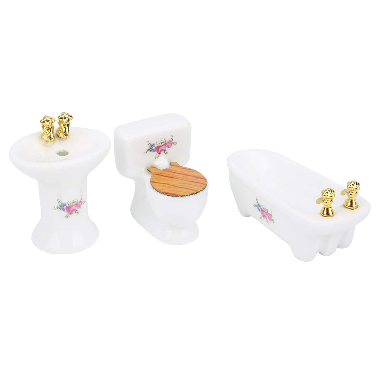 RIZGHWOY 1/24 Dollhouse Miniature Bathroom Set, Ceramic Bathtub Toilet Sink Kit with Exquisite Design, for Doll House Bathroom Scene (Rose)