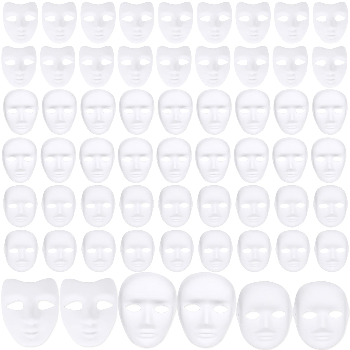 Fahacop 60 Pcs Paper Mache Mask Paintable White Masks DIY Paper Mache Masks for Halloween Artistic Theater Cosplay Art Class Party Decorations, 3 Sizes