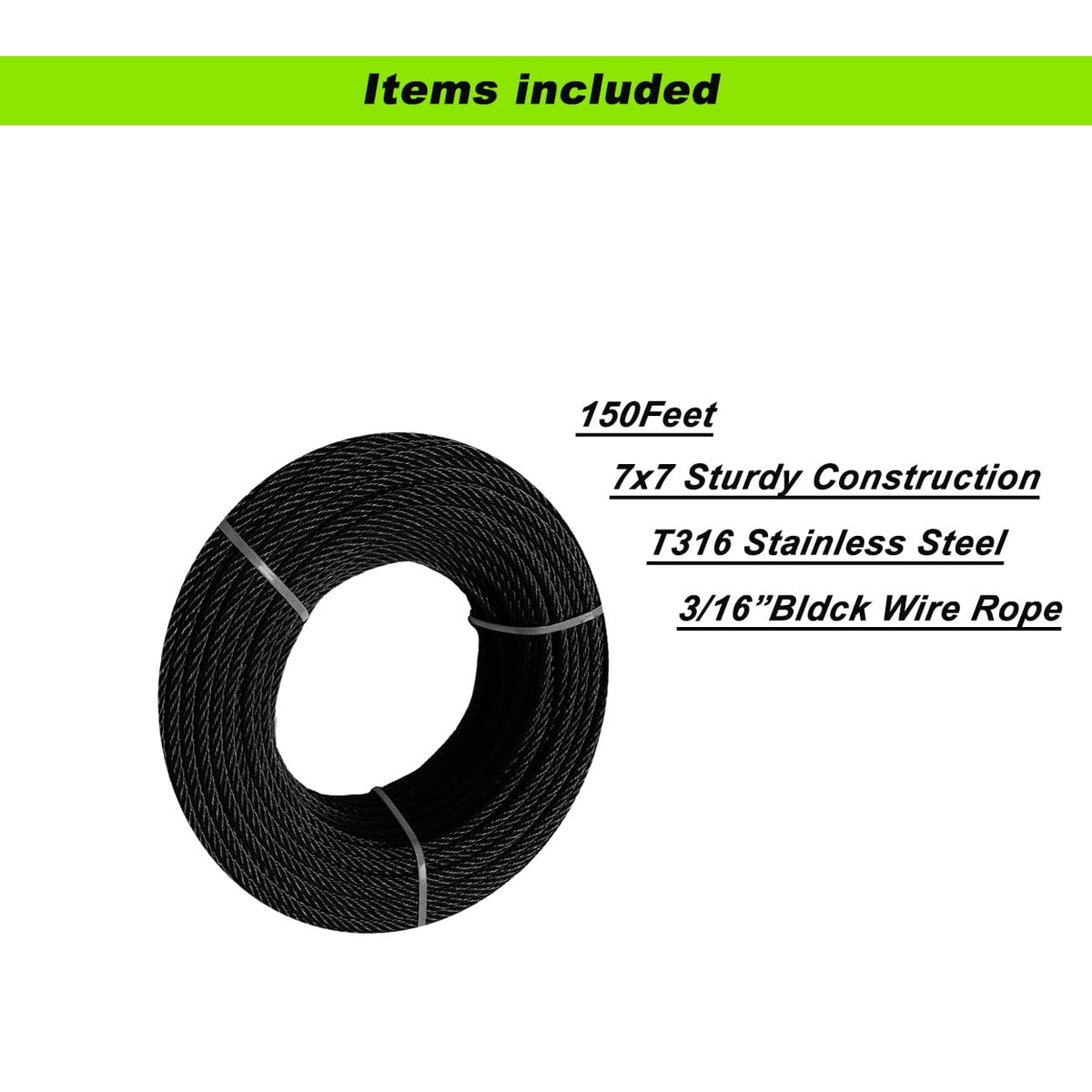 Sowtowe 3/16" Black Wire Rope, 150ft Aircraft Cable, T316 Stainless Steel, 7 x 7 Strand Construction, for Deck Cable Railing Hardware Kit