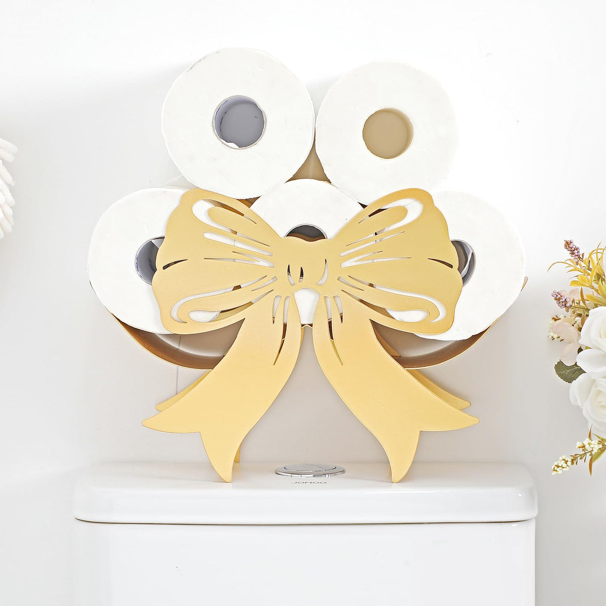 Geelin Bow Metal Toilet Paper Storage Holder Wedding Bow Bathroom Decor 8 Rolls Decorative Toilets Paper Holder Wall Mounted for Bathroom Kitchen Bedroom Coquette Home Decor(Gold)