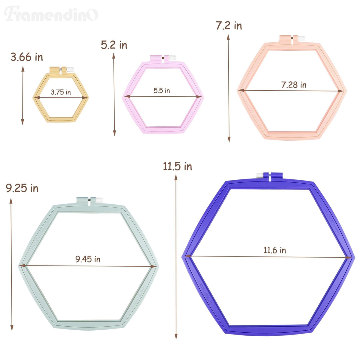Framendino, 5 Pack Embroidery Hoop 5 Sizes Hexagonal Plastic Cross Stitch Hoops and Frames for Embroidery Craft Sewing