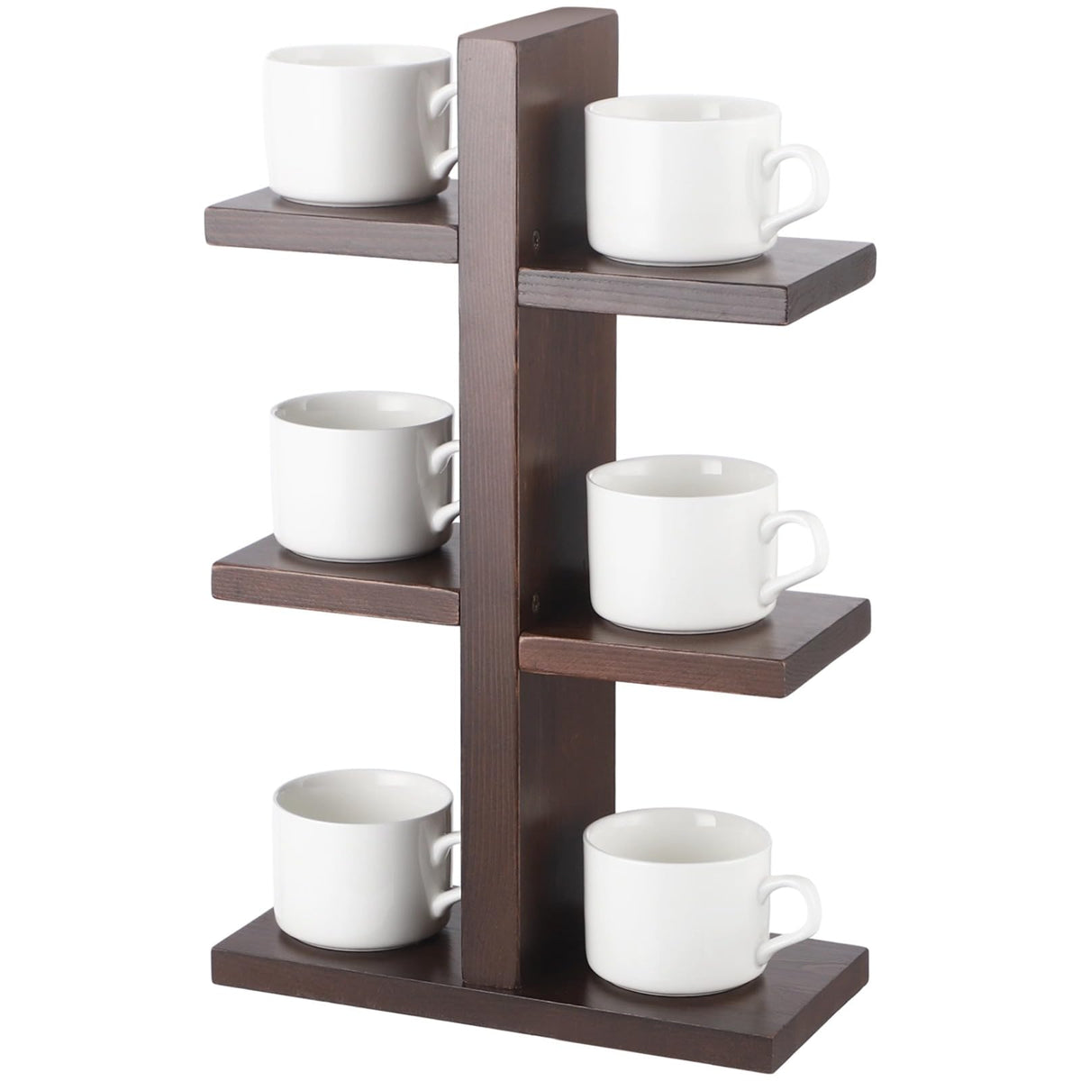OMISTAR 3 Tiered Wooden Coffee Cup Holder, Kitchen Counter 6 Mug Wood Coffee Mug Organizer Stand with Non-Slip Foam Pads, Vertical Cup Storage Rack for Coffee Bar Countertop