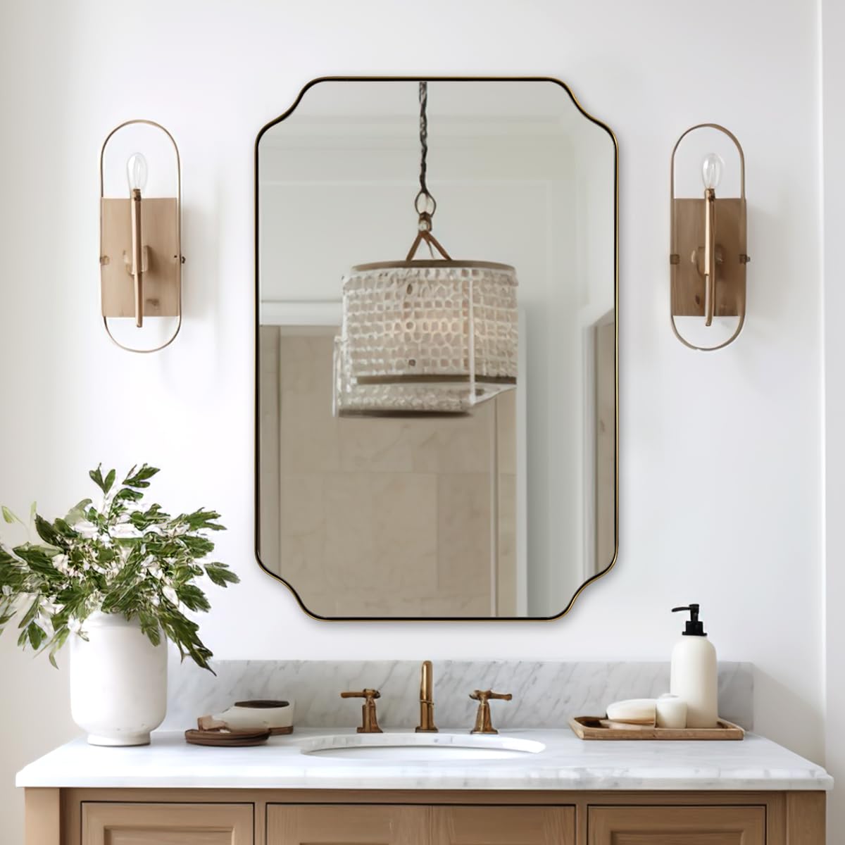 ANDY STAR 24"x36" Gold Mirror, Brushed Brass Scalloped Wall Mirror, Bathroom Mirror for Vanity, Wall Mirror with Aesthetic Scalloped Edge Design Ideal for Bathroom, Bedroom or Entryway