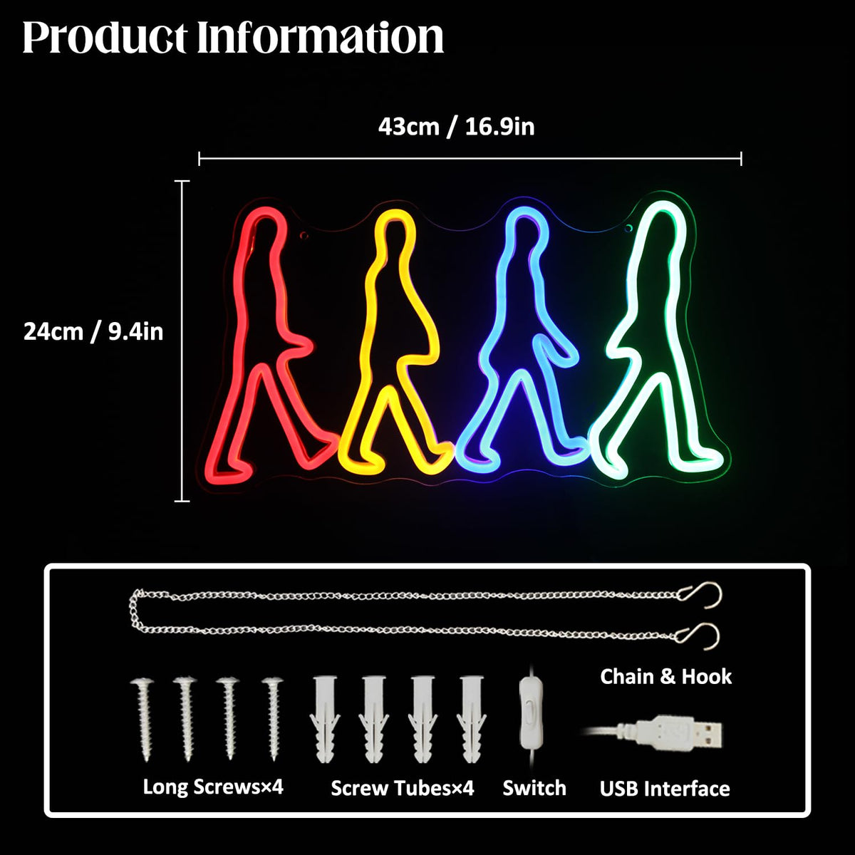 Rock Band Neon Sign Four People Walking Neon Lights for Bedroom Music LED Sign Abbey Road Wall Art Light Up Sign for Game Room Man Cave Decor Rock Music Fans Gifts